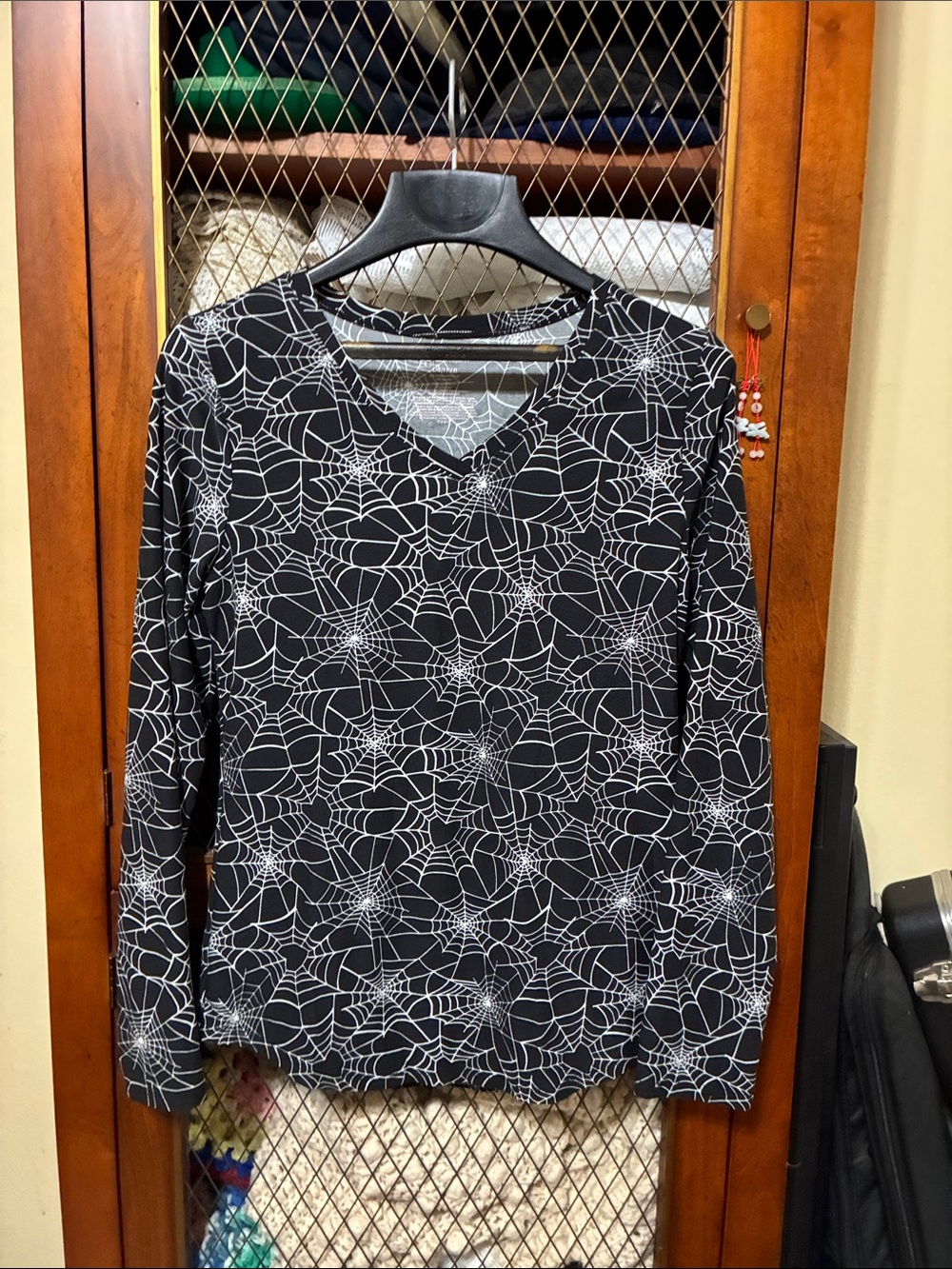 Black Long-Sleeve V-Neck Top with White Spiderweb Print